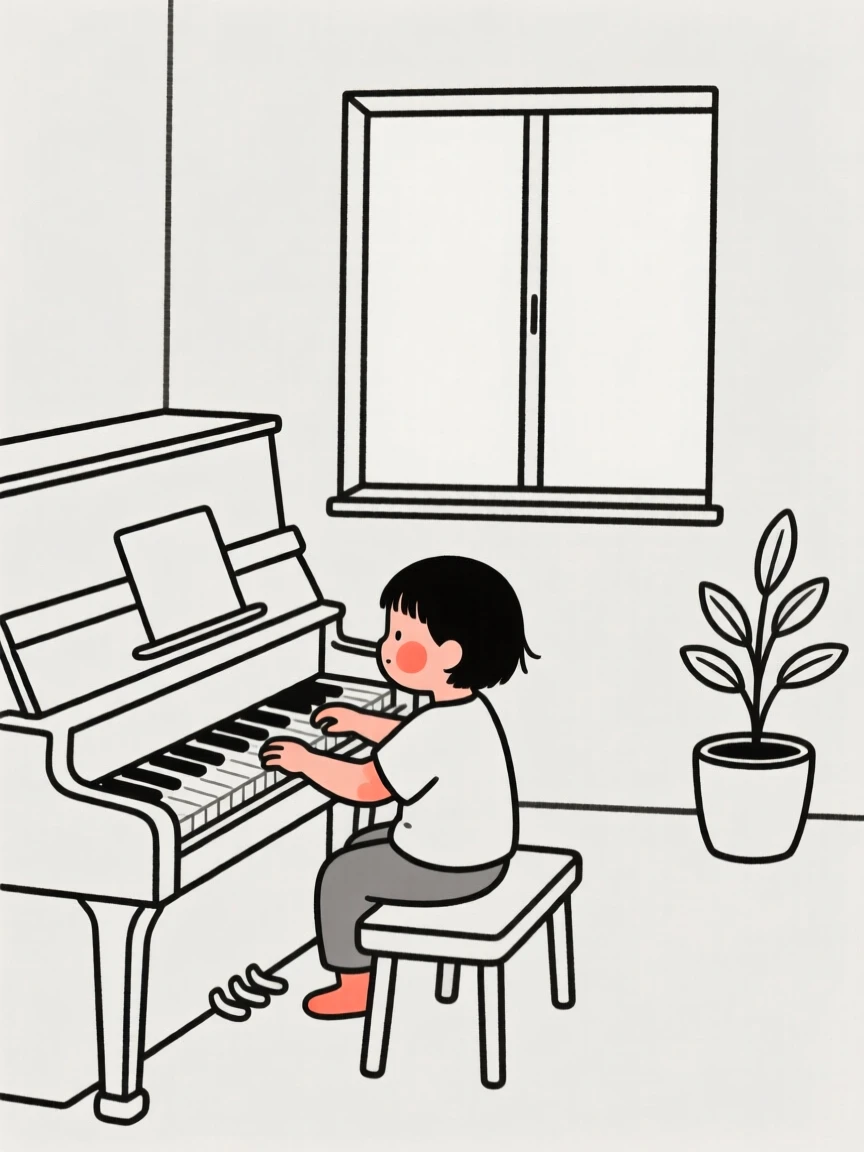 A small child playing the piano in a quiet room.