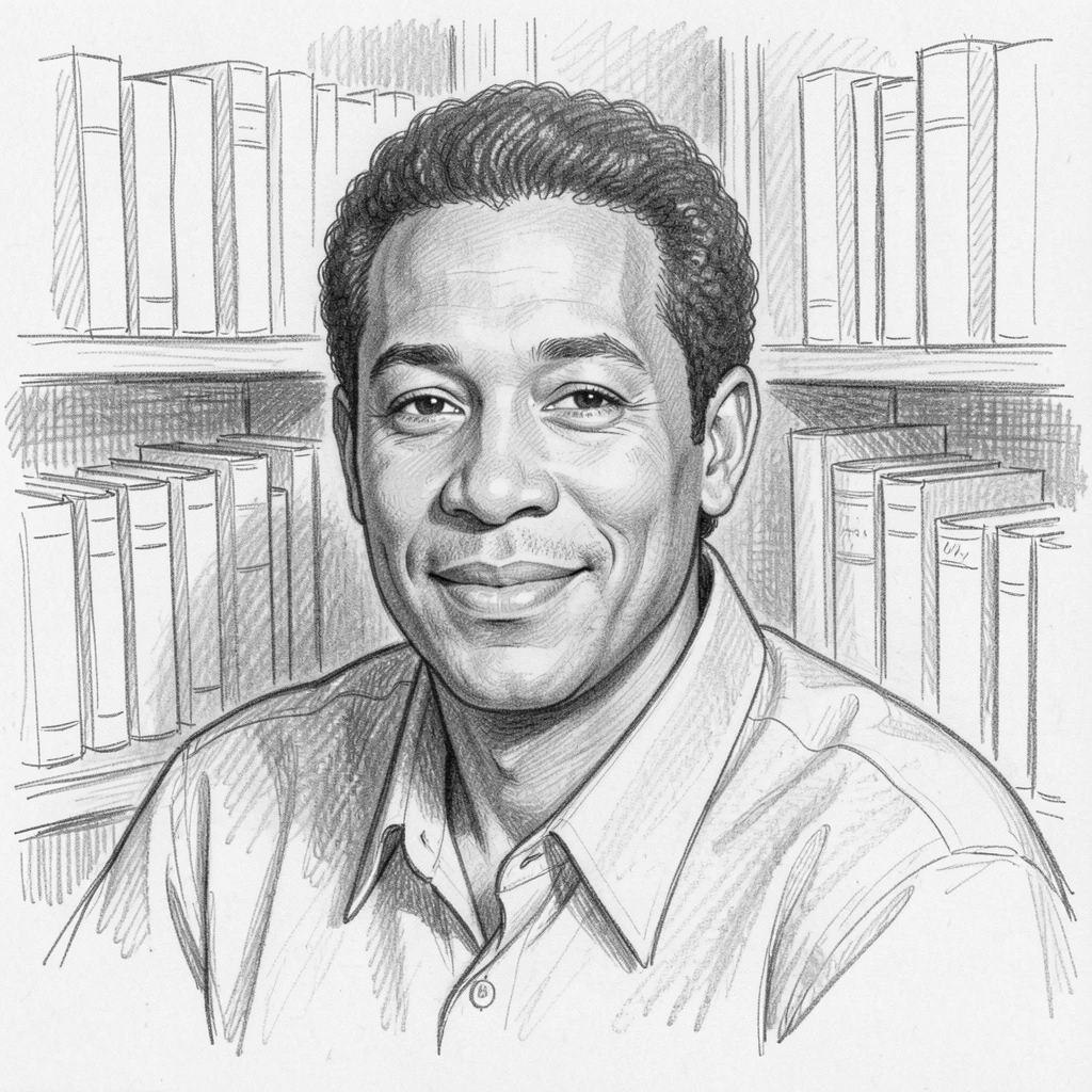 Close-up portrait of a soulful blues singer in a quiet library nook, with a faint, knowing smile.