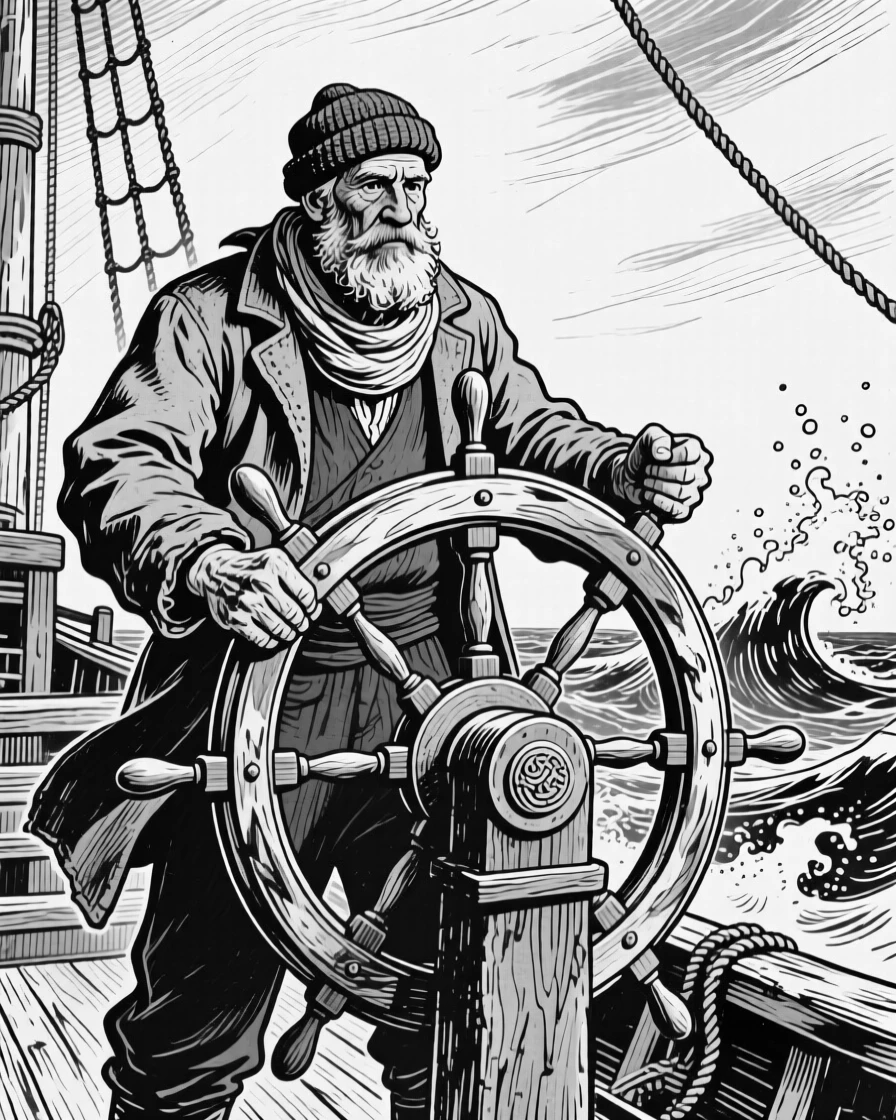 An old sailor standing at the helm of a wooden ship, gripping the wheel as waves rise around the bow.