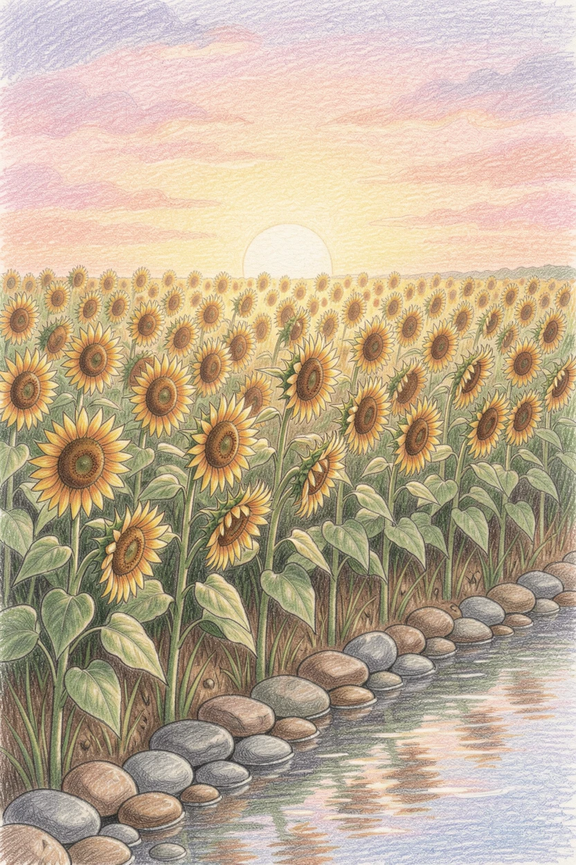 A field of wild sunflowers turning toward the setting sun, bordered by smooth river stones and quiet still water, full of gentle nostalgia for simpler days.