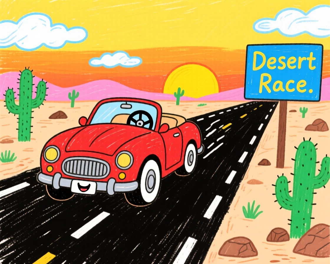 A vintage red convertible racing along a desert highway at sunrise.