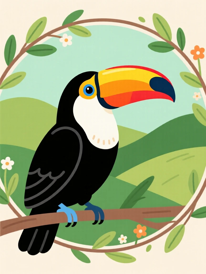 A bright toucan perched with a large colorful beak on display, set against a backdrop of rolling green hills, placed within a circular vignette of natural framing, with a sense of playful curiosity captured perfectly.