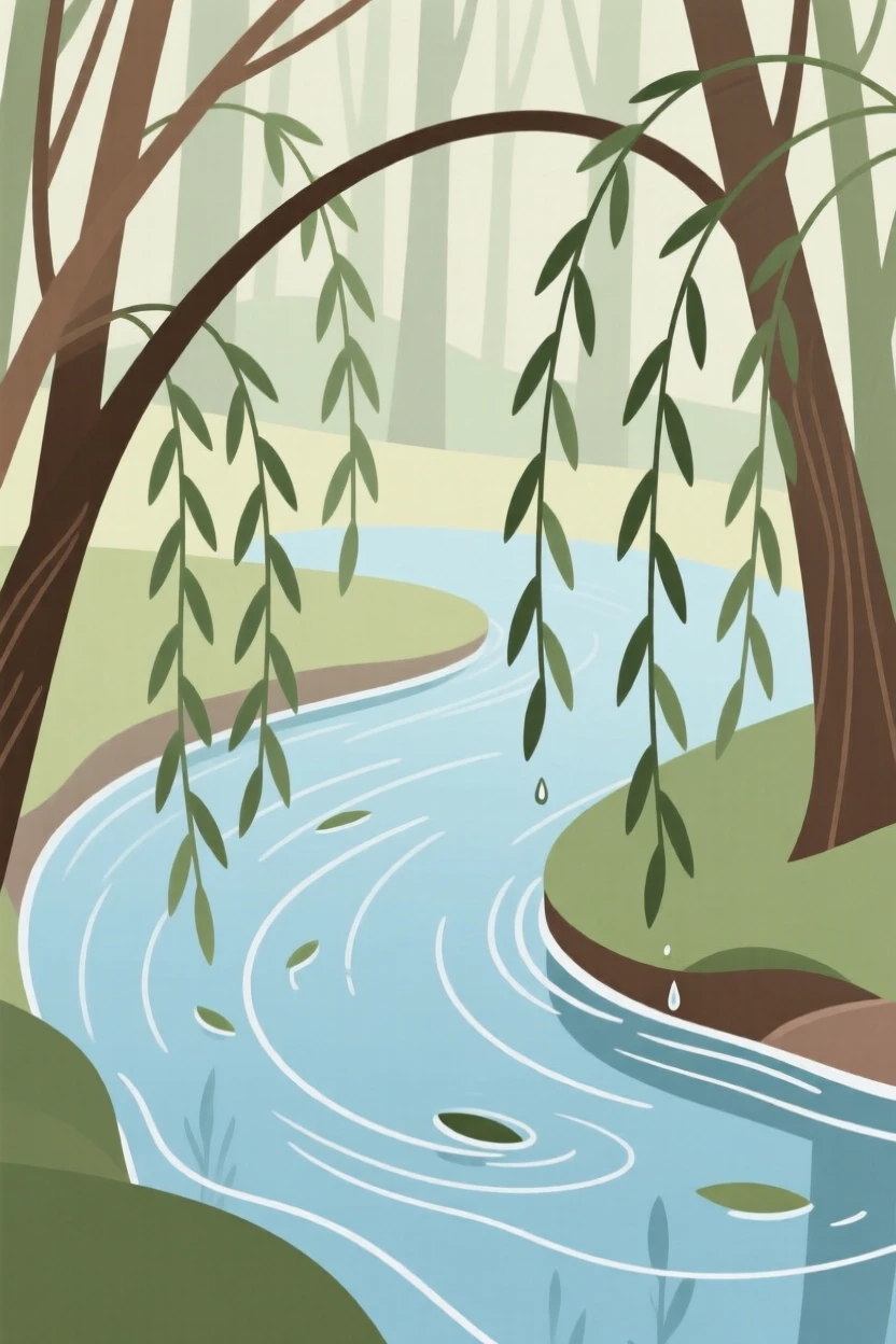 A tranquil forest stream surrounded by willow branches, with gentle ripples on the surface.