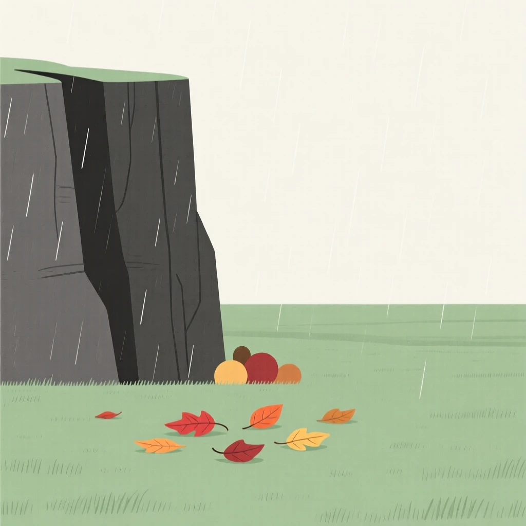 A canyon wall, standing at the edge of a spring meadow after rain, with a scattering of fallen leaves nearby, evokes quiet wonder.