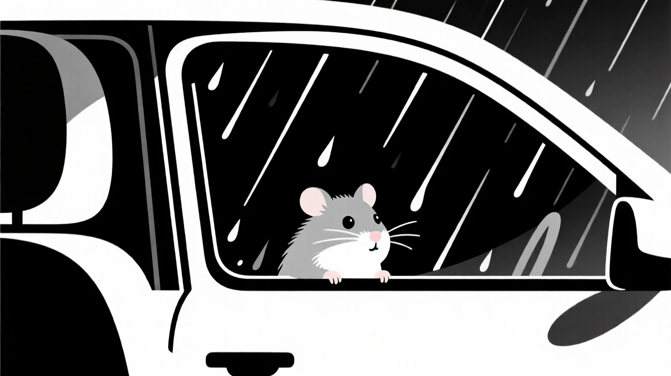 A tiny hamster looking out a rainy car window.