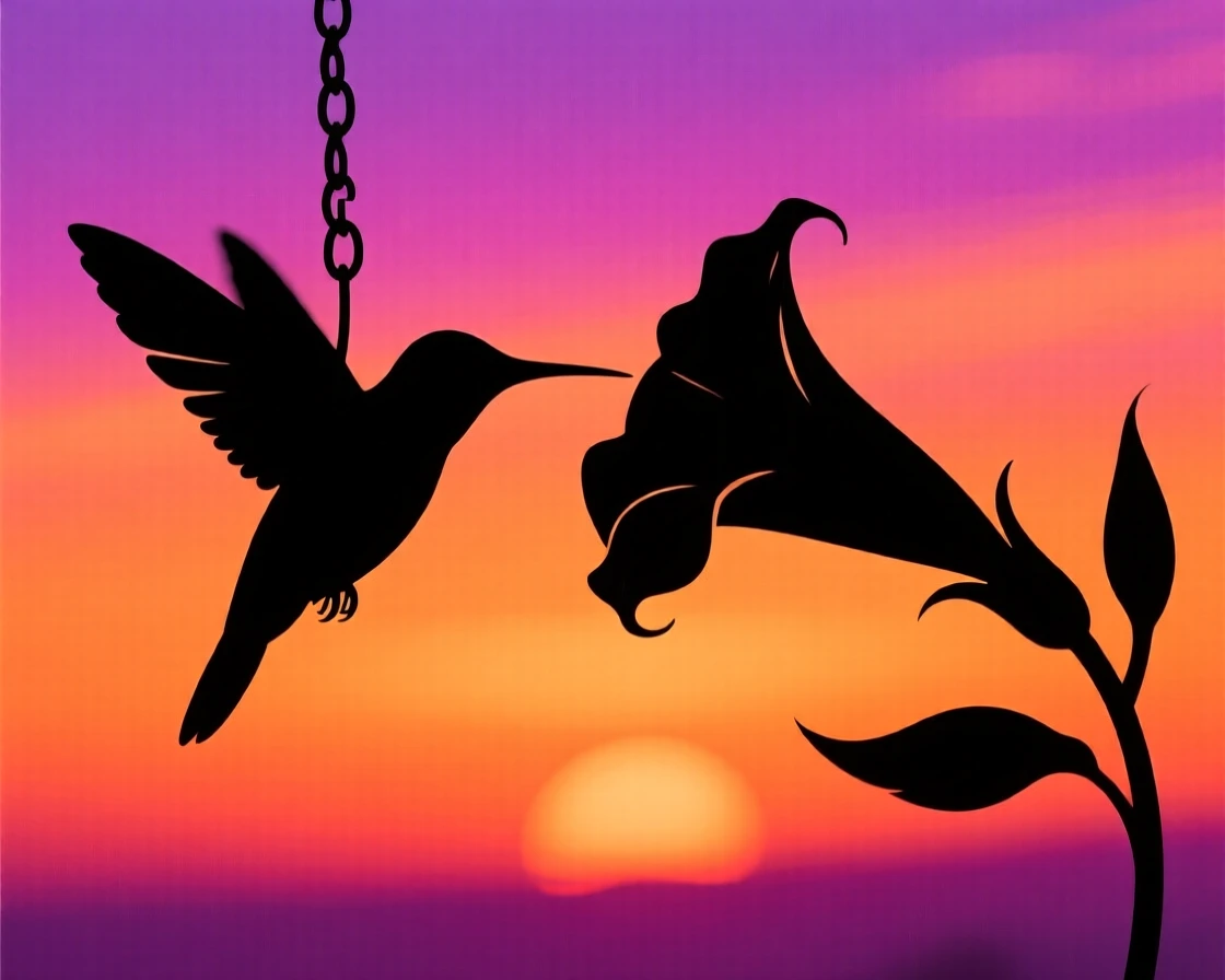 A hummingbird suspended in flight beside a trumpet-shaped flower, wings a blur of motion.