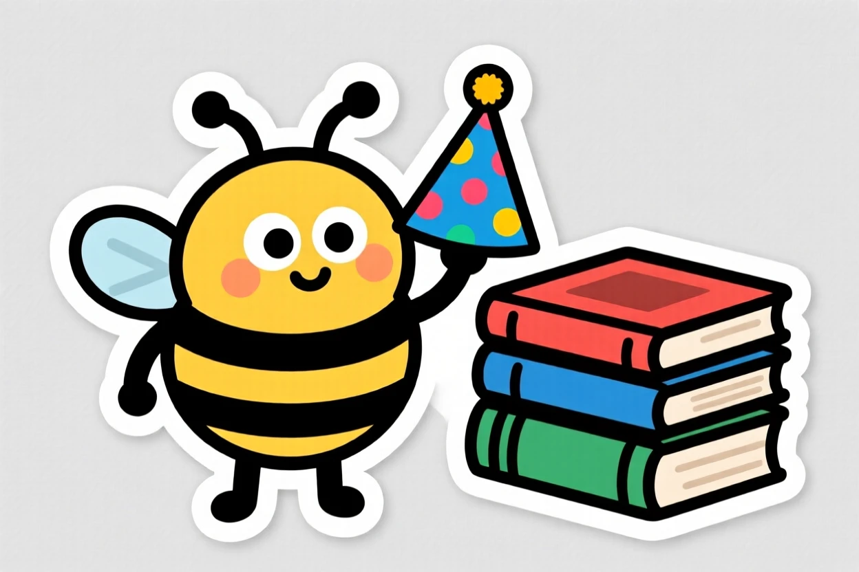 A wide-eyed round bumblebee mascot holding a paper party hat, beside a stack of storybooks.