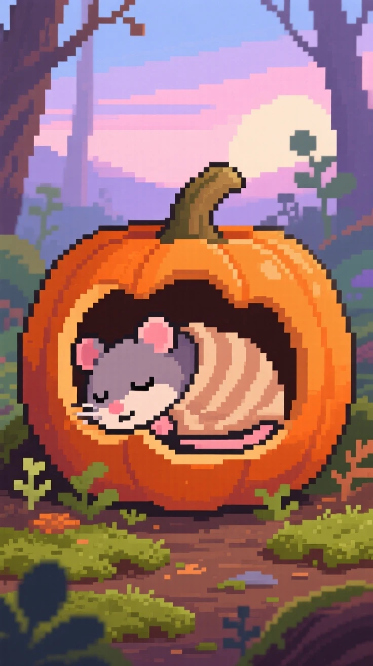 A sleepy dormouse wrapped up for a nap inside a pumpkin, in a mossy forest clearing at dawn.