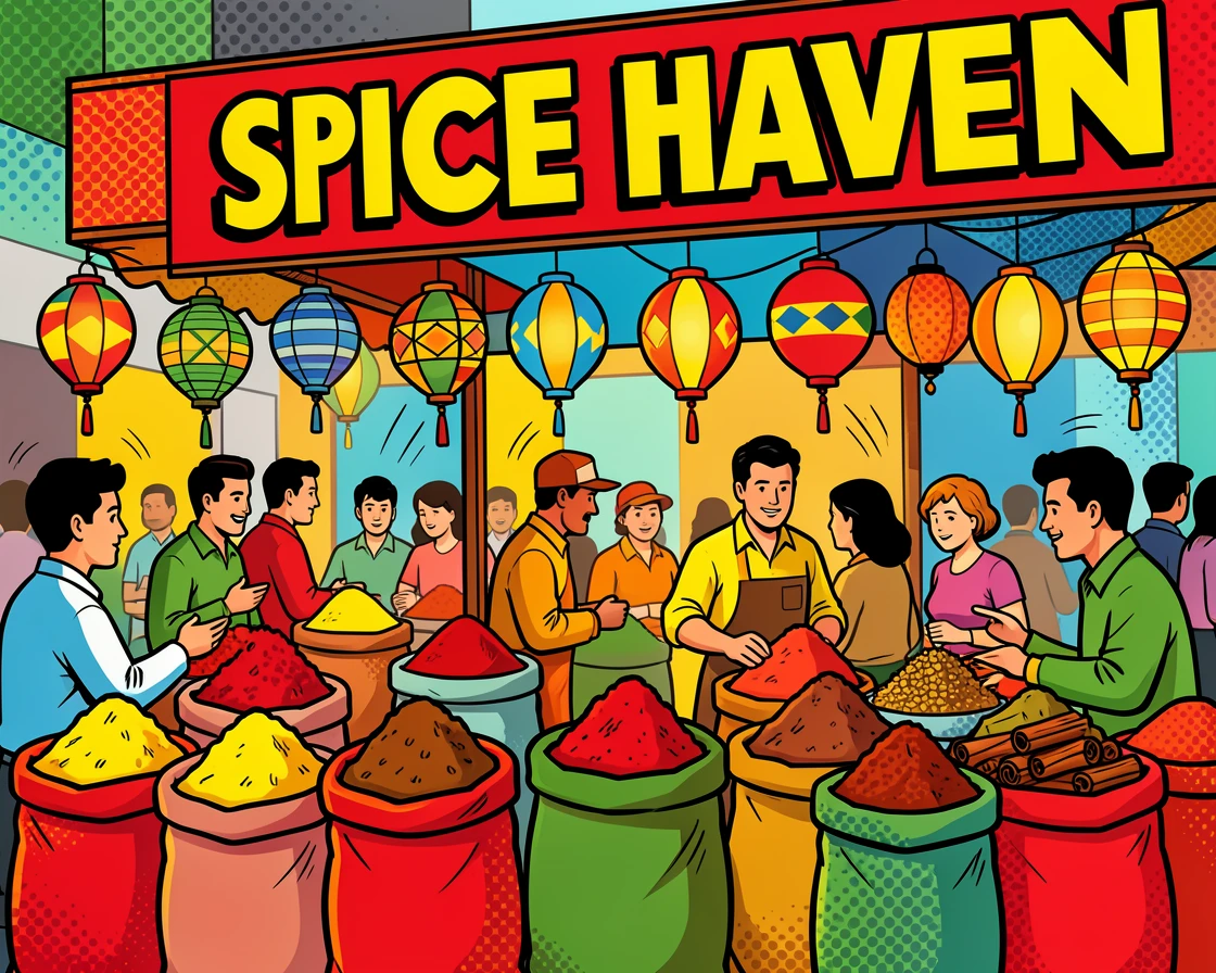 A lively spice market filled with lanterns