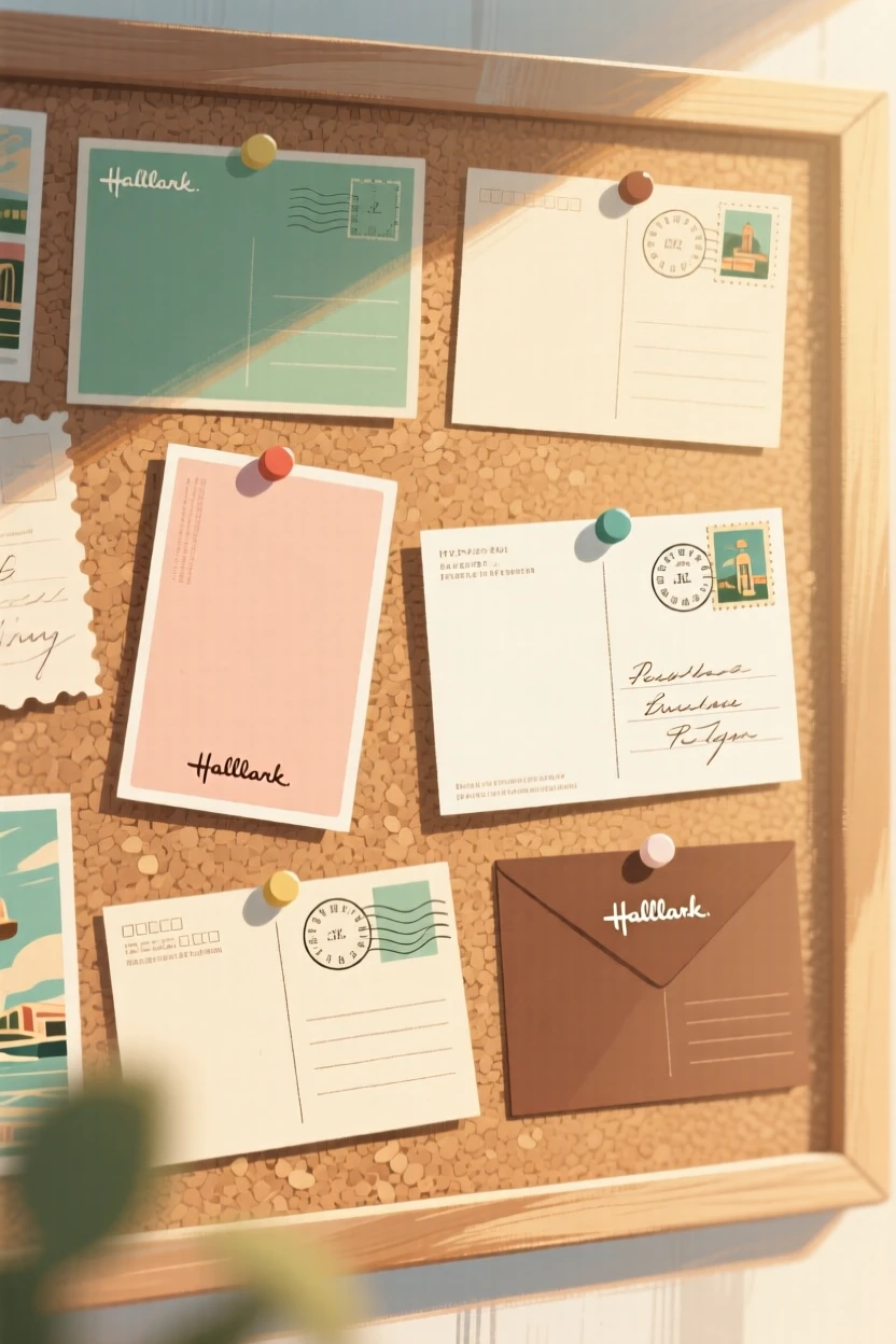 A collection of vintage travel postcards pinned to a corkboard