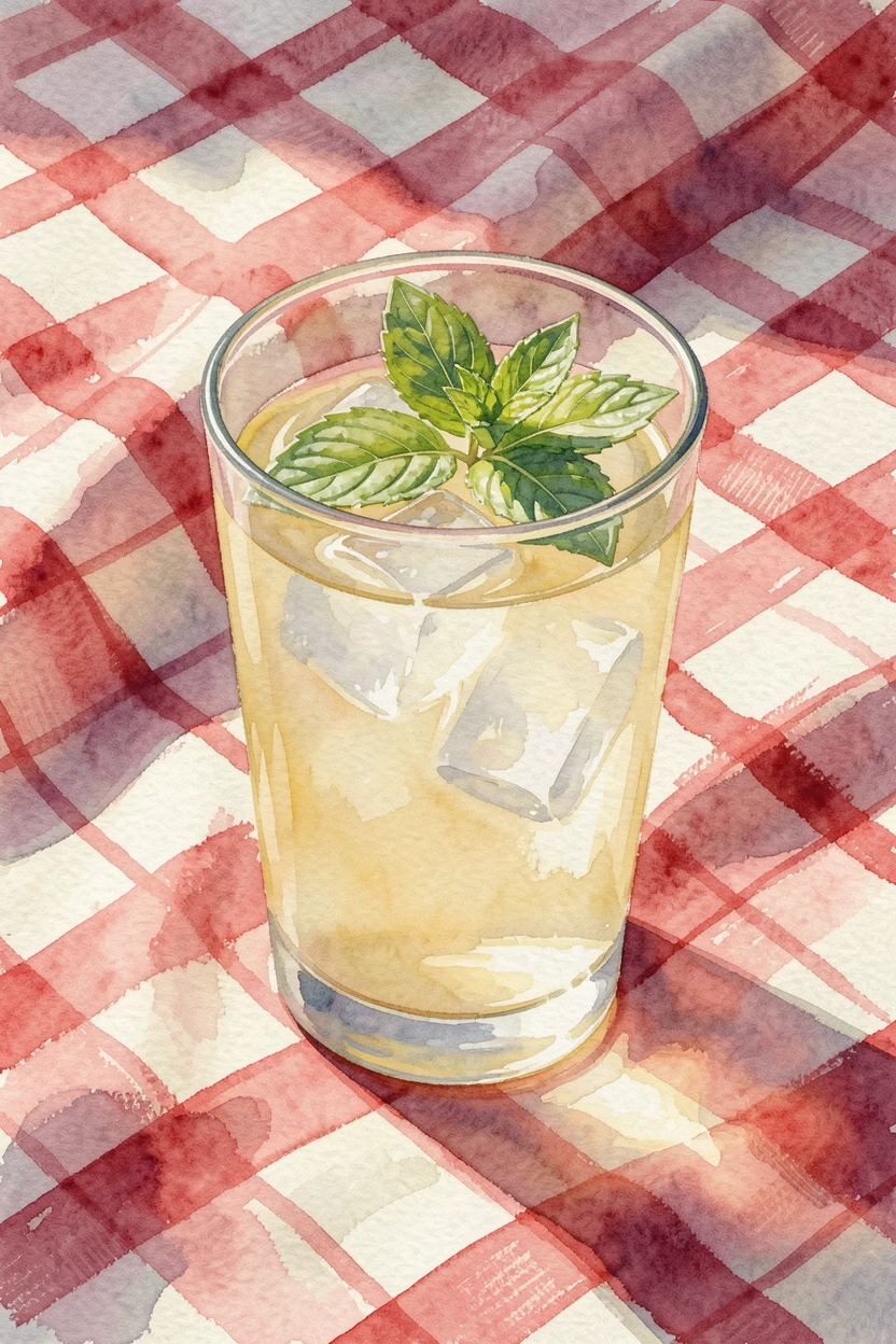 A glass of iced lemonade with mint leaves on a checkered tablecloth with sunlight catching the glass.