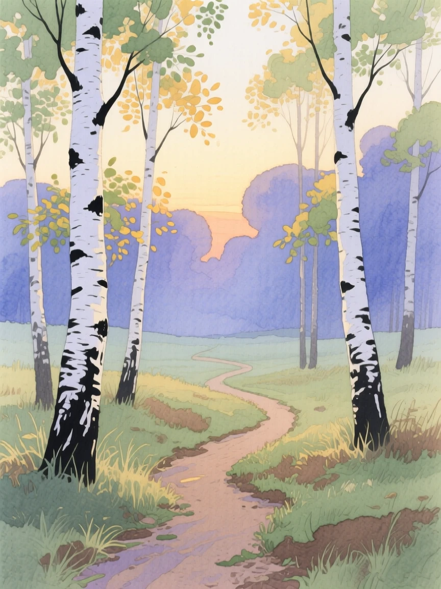 A breathtaking view of a birch forest clearing in the soft glow of dusk, with a narrow path winding through