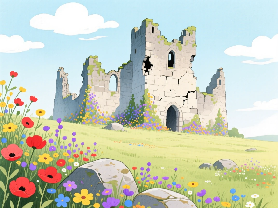 A crumbling castle ruin overtaken by wildflowers, mysterious and inviting.