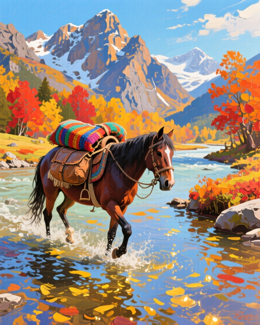 a pack horse crossing a shallow river beneath towering peaks, on a clear autumn morning, composed along a natural leading line.