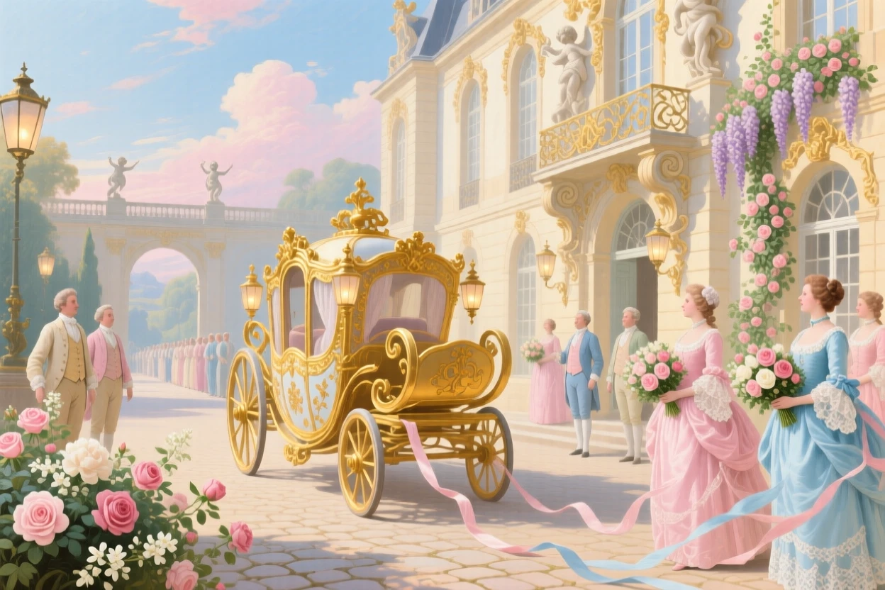 A golden carriage arriving at a palace courtyard lined with flower-bearing attendants  
