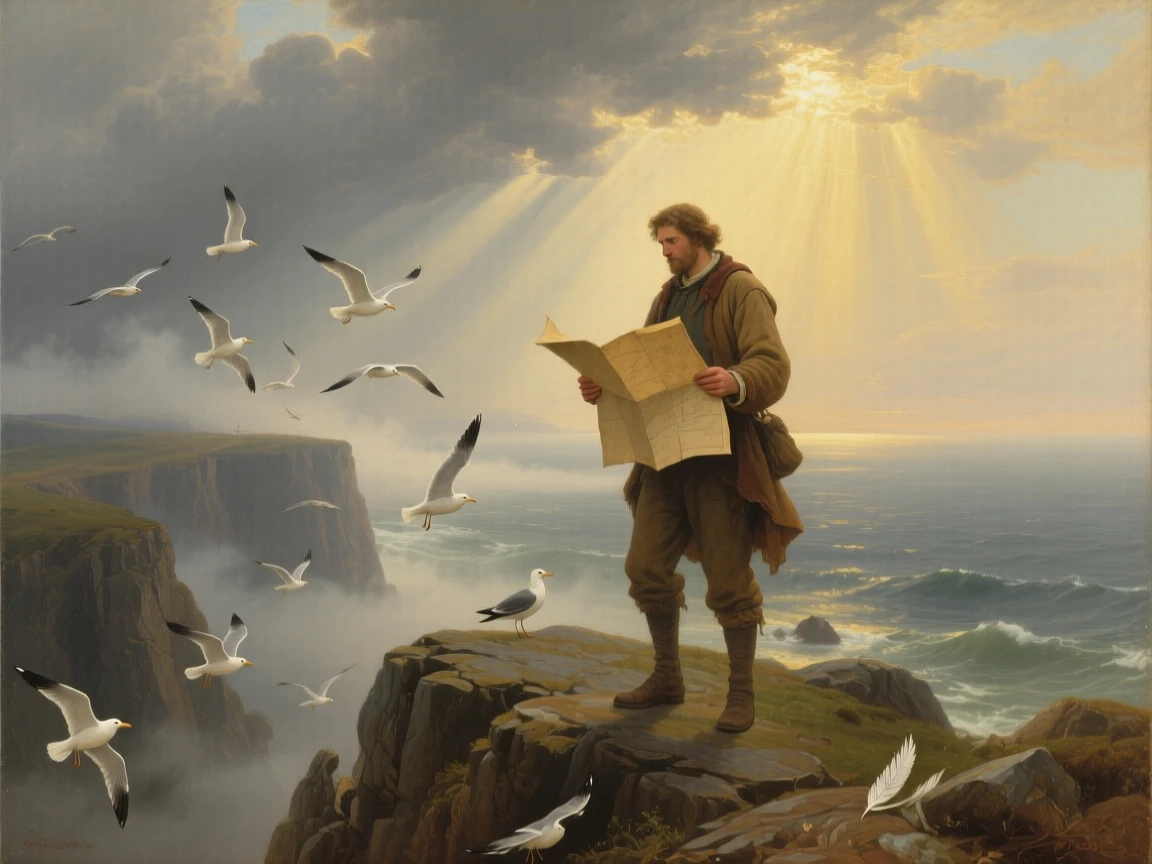 In a hush of fog, A solitary traveler on a high coastal cliff, holding a weathered map as seabirds wheel below, surrounded by a vast storm-cleared ocean, sunbeams breaking through distant clouds; only a few nearby details emerge sharply before fading into mystery, the scene invites the viewer to imagine what lies beyond.