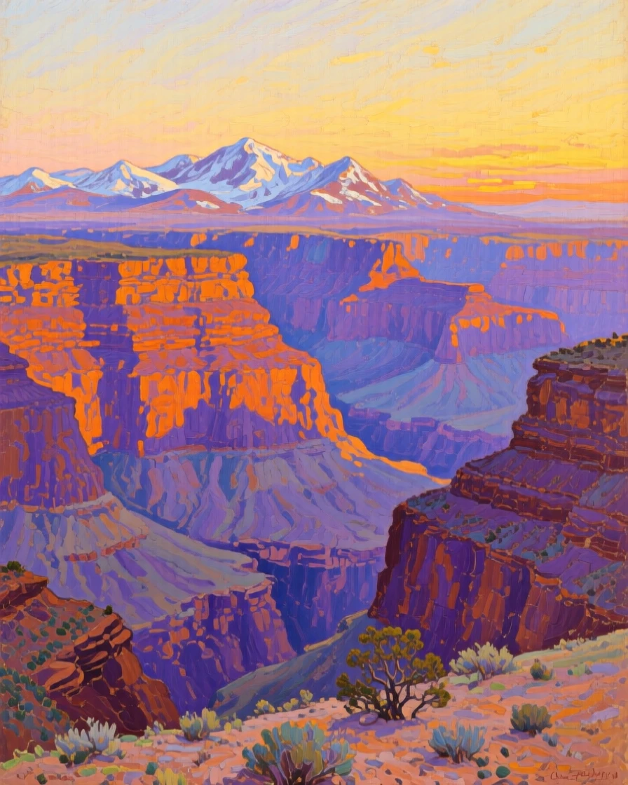 A vast canyon at sunset with layered rock walls glowing orange and purple, as snow dusts the highest peaks in the distance, framed to highlight the vastness and grandeur of the setting