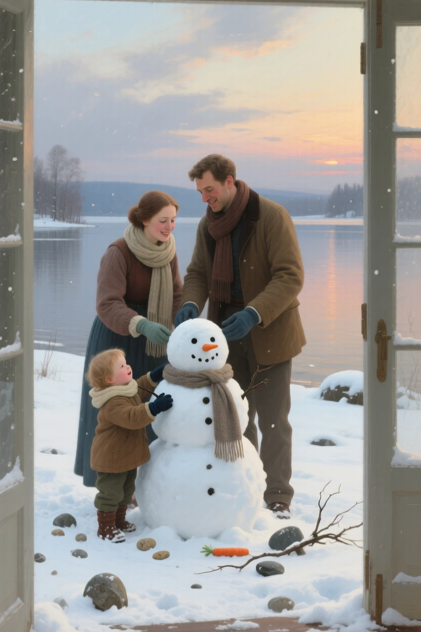 A young family building a snowman together in a fresh snowfall as laughter and love fill an otherwise ordinary afternoon, set beside a lakeshore glowing under a soft evening sky, with small, telling gestures like a held hand or a shared glance; gentle framing by a doorway or window softens the intimate scene, radiating warmth, comfort, and belonging.