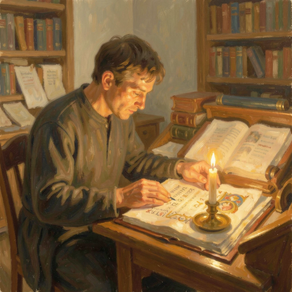 A quiet monastery scriptorium where a monk carefully illuminates a manuscript by candlelight.