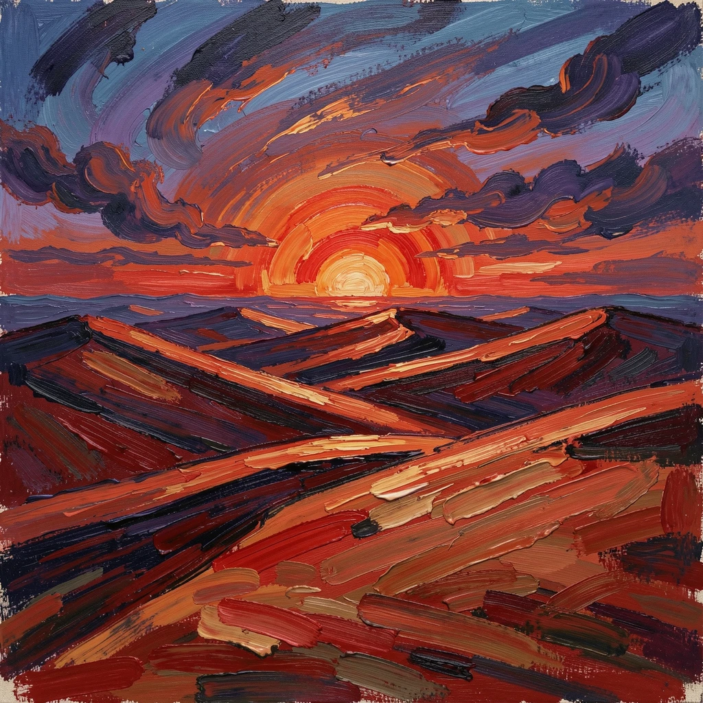 A desert landscape at dusk, red sand dunes casting long shadows as the sun sinks below the horizon.