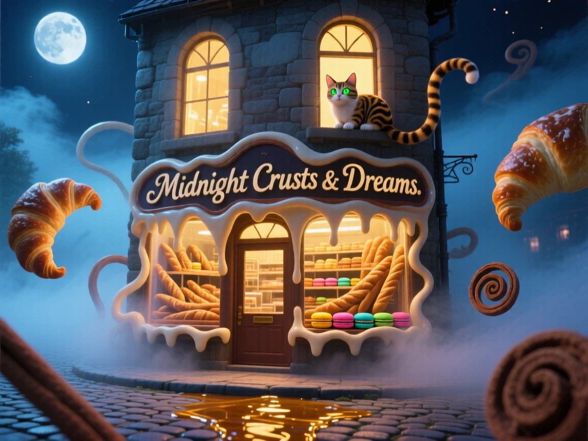 A bakery whose windows glow with warm, golden light at midnight sits quietly wrapped in early morning mist, while a cat watches curiously from an open window.