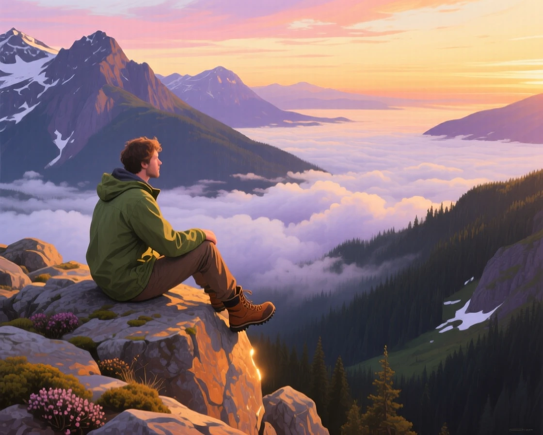 A golden-hour view from a mountain summit in the Canadian Rockies shows a hiker sitting on a rocky outcrop, legs dangling over the edge, gazing across an endless sea of cloud-filled valleys stretching to the horizon.