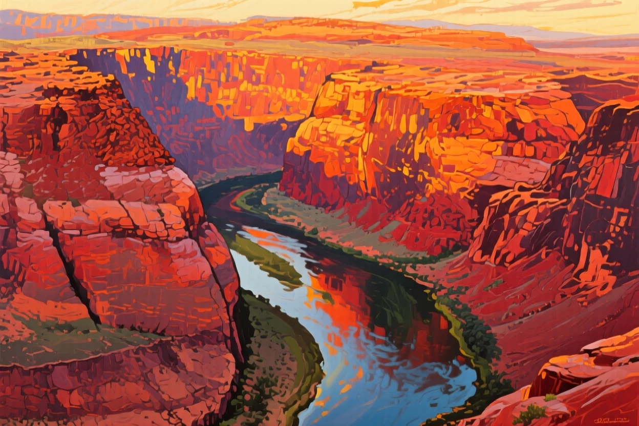 A dramatic canyon carved by a winding river, layered red and orange rock walls glowing at golden hour