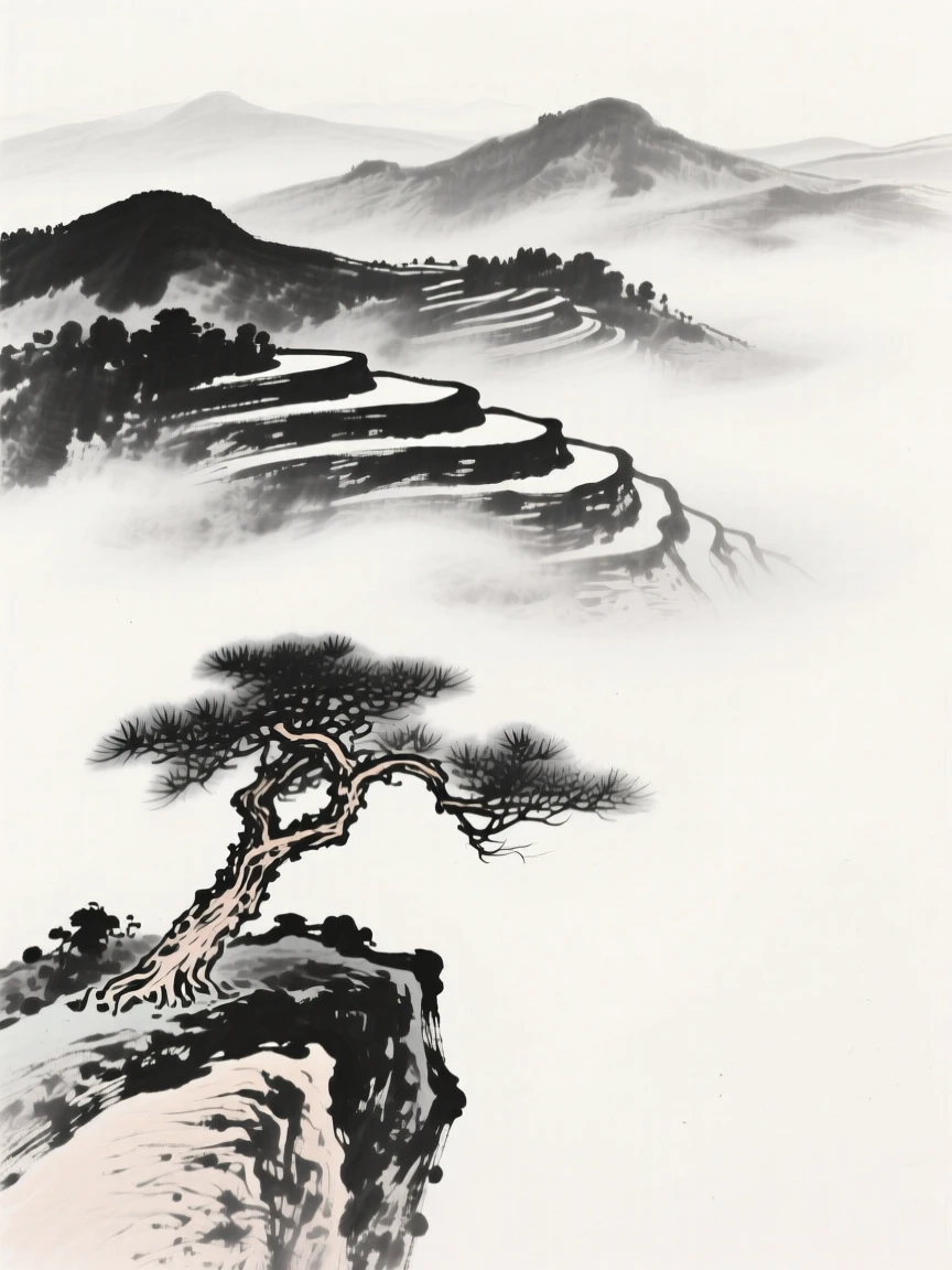 a chain of terraced foothills, emerging from morning haze, with a lone pine clinging to a rocky outcrop.