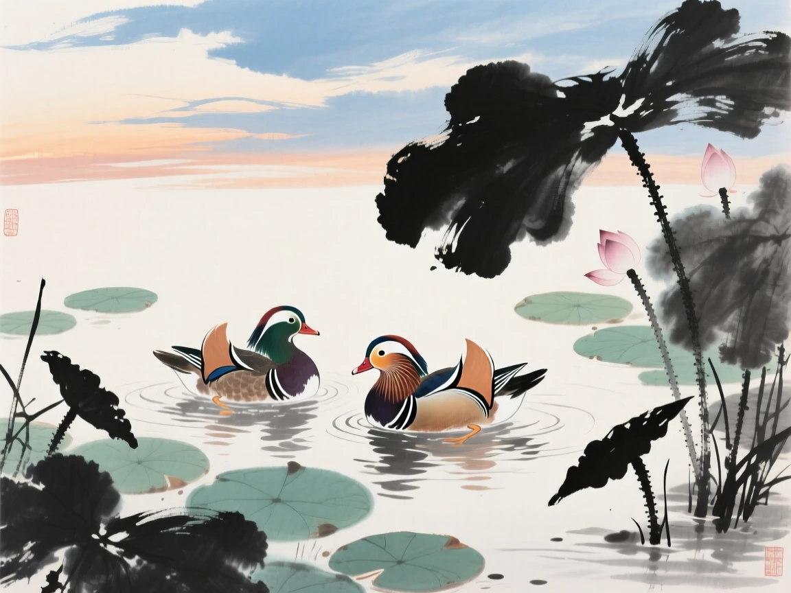 A pair of mandarin ducks swimming among lotus leaves, at dusk, under a sky streaked with clouds.