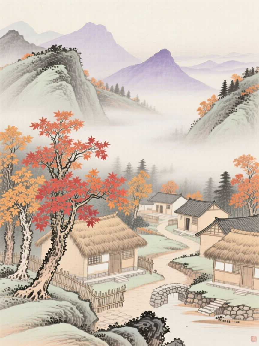 A mountain village wrapped in autumn mist, with distant peaks fading into layers of mist