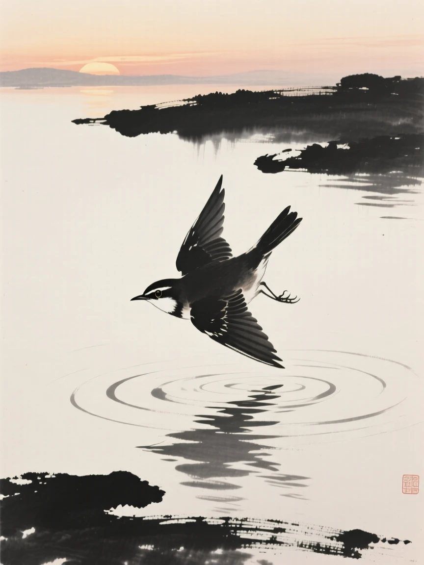 A nightingale gliding low across the water's surface over rippling water at dusk, silhouetted softly against the fading light, capturing a fleeting moment of natural beauty.