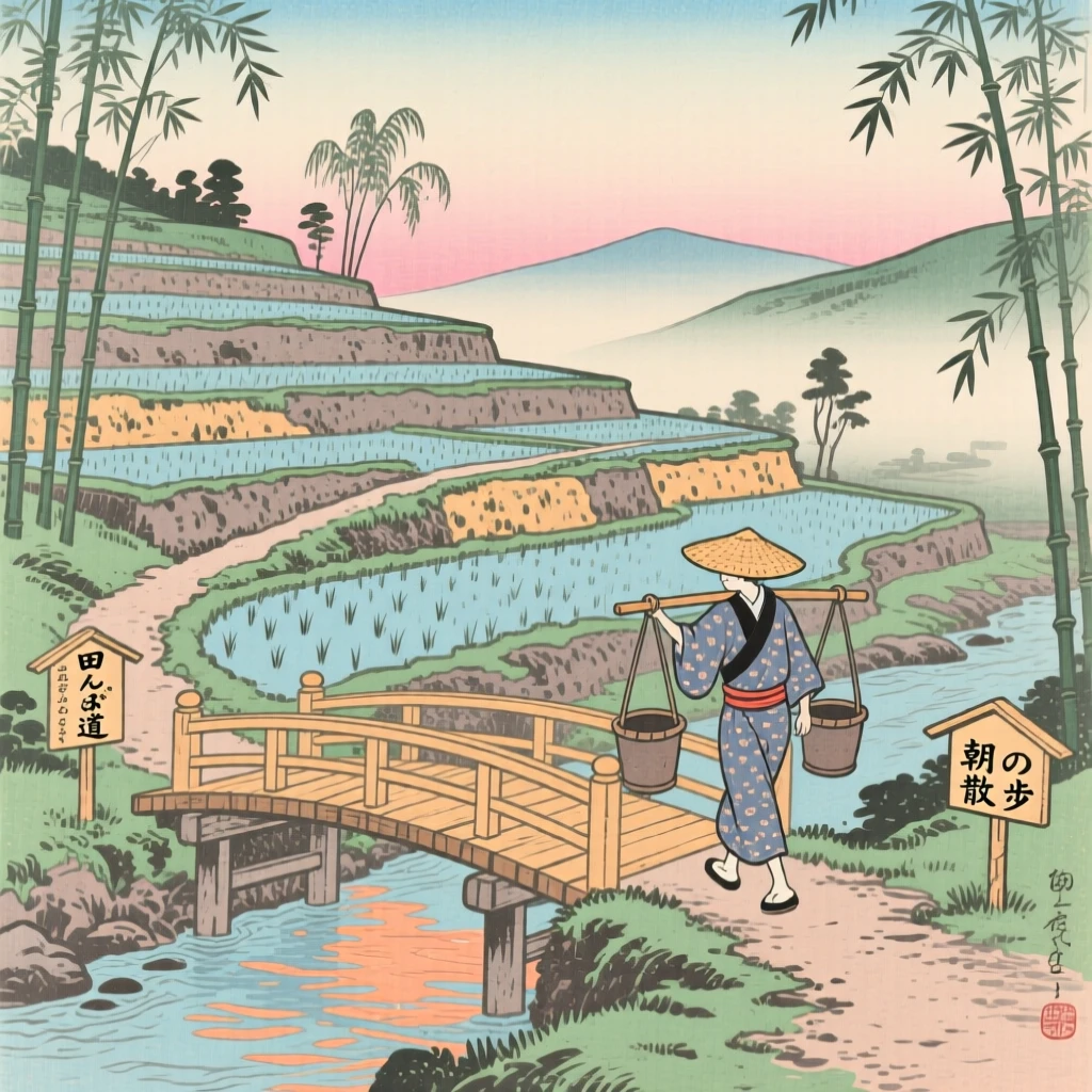 A terraced hillside, with a narrow trail crossing a wooden bridge, at dawn.