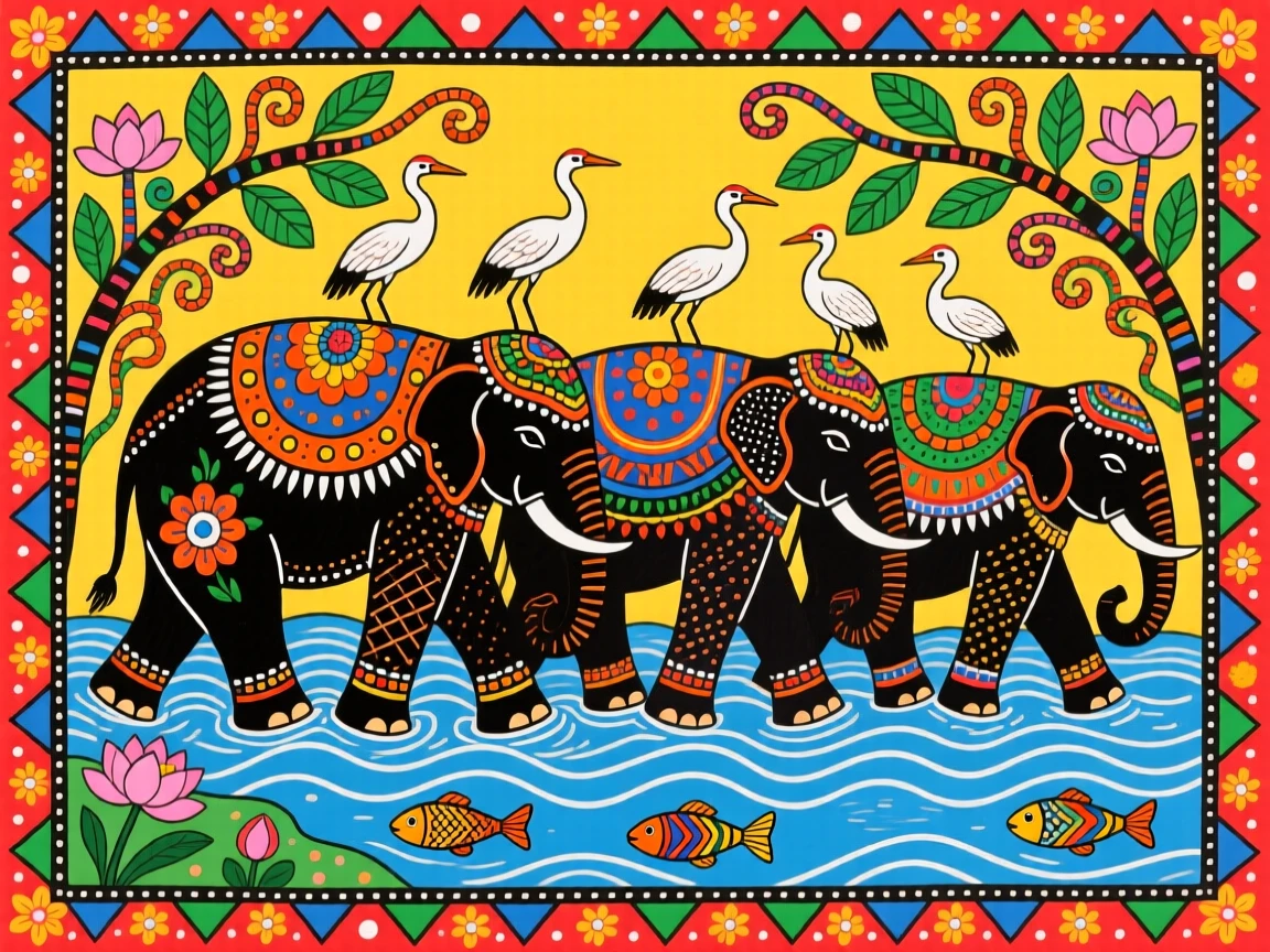 A herd of elephants crossing a shallow river as egrets ride on their backs.
