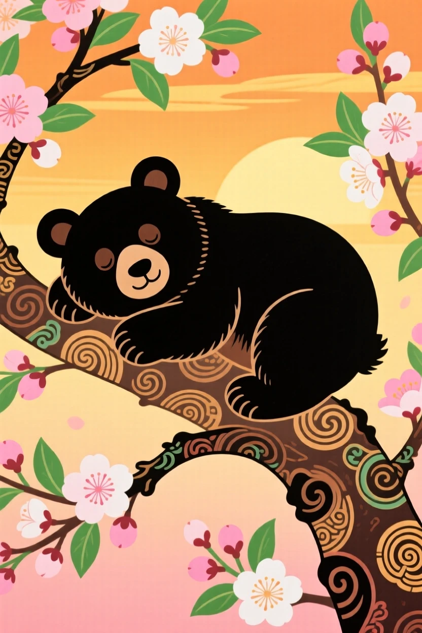 A black bear cub resting on a blossoming plum branch, in the golden hour before sunset.