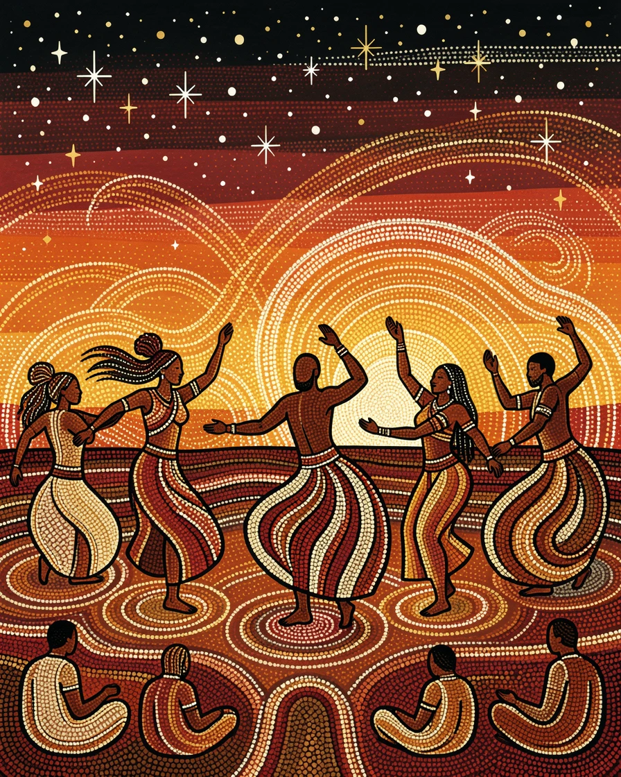 A traditional dance performed under the stars at sunset