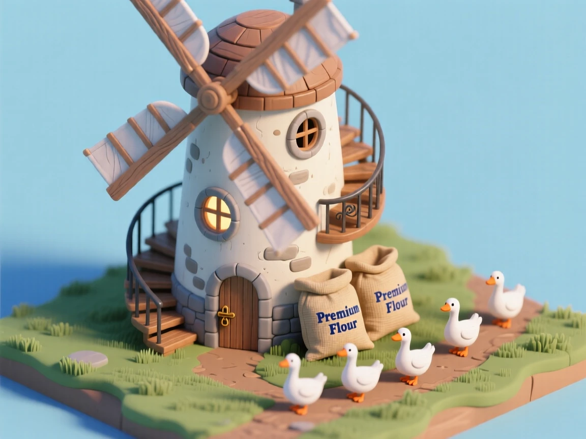 A converted windmill home with sails slowly turning, a spiral staircase visible through round windows, flour sacks stacked by the door, and a flock of geese waddling across the yard.