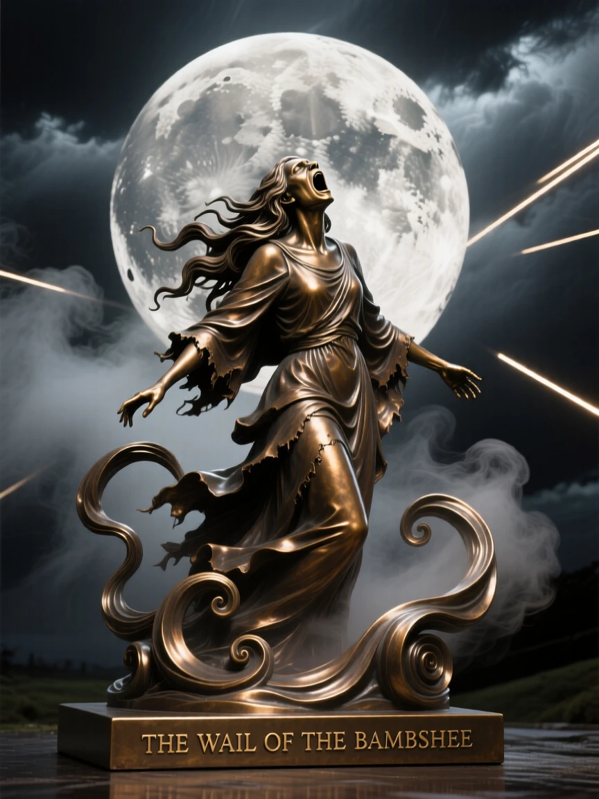 A banshee wailing beneath a stormy moon, surrounded by swirling mist and light, radiating awe and grandeur
