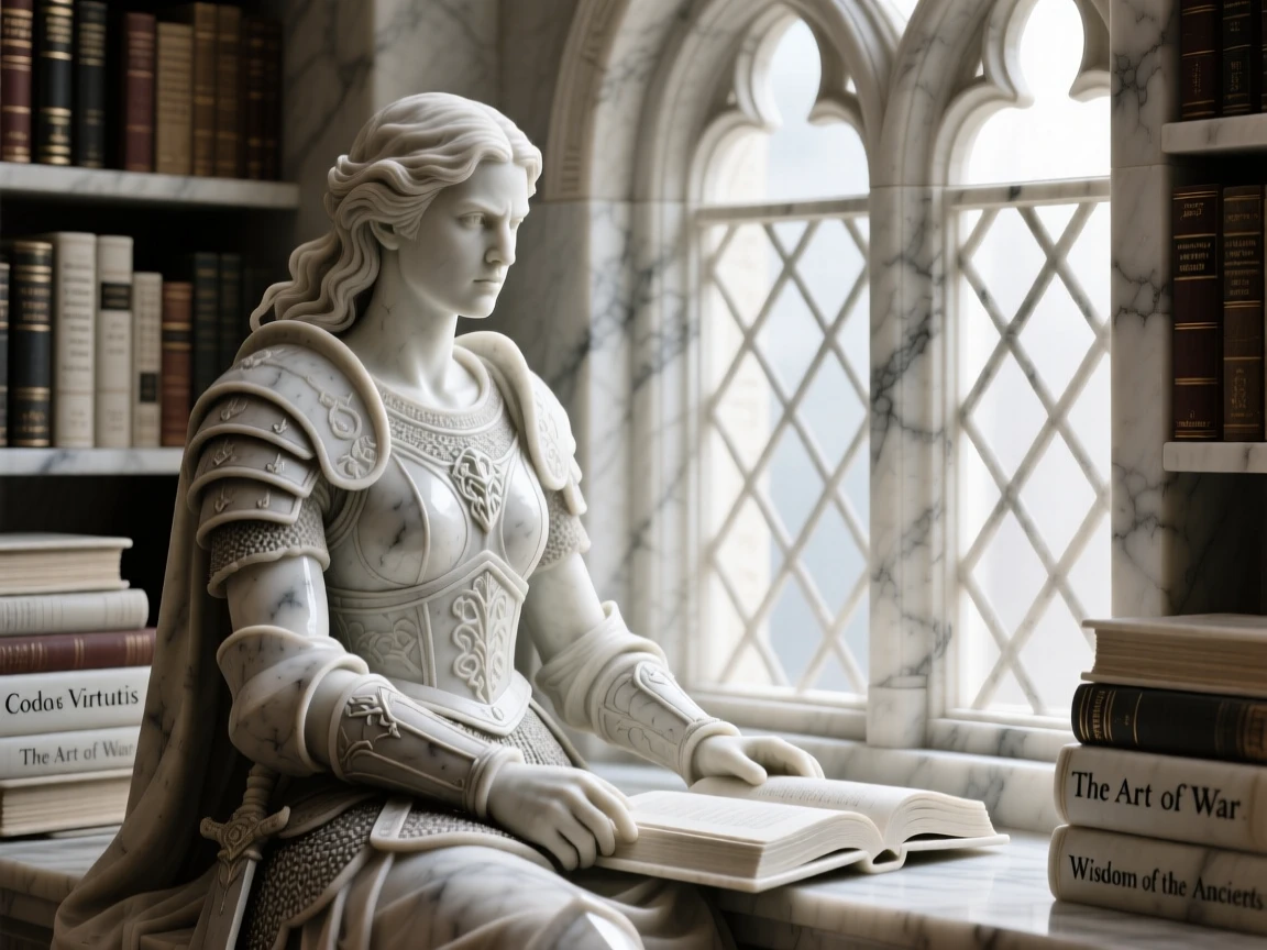 A close-up portrait of a fierce female warrior, sitting quietly by a window, in an old library filled with books, radiating quiet emotion and dignity