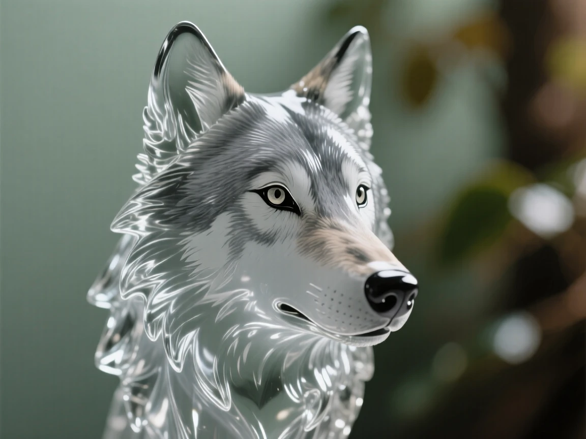 A close-up portrait of a gray wolf, its eyes sharp and expressive, framed by soft bokeh foliage, radiating quiet dignity.