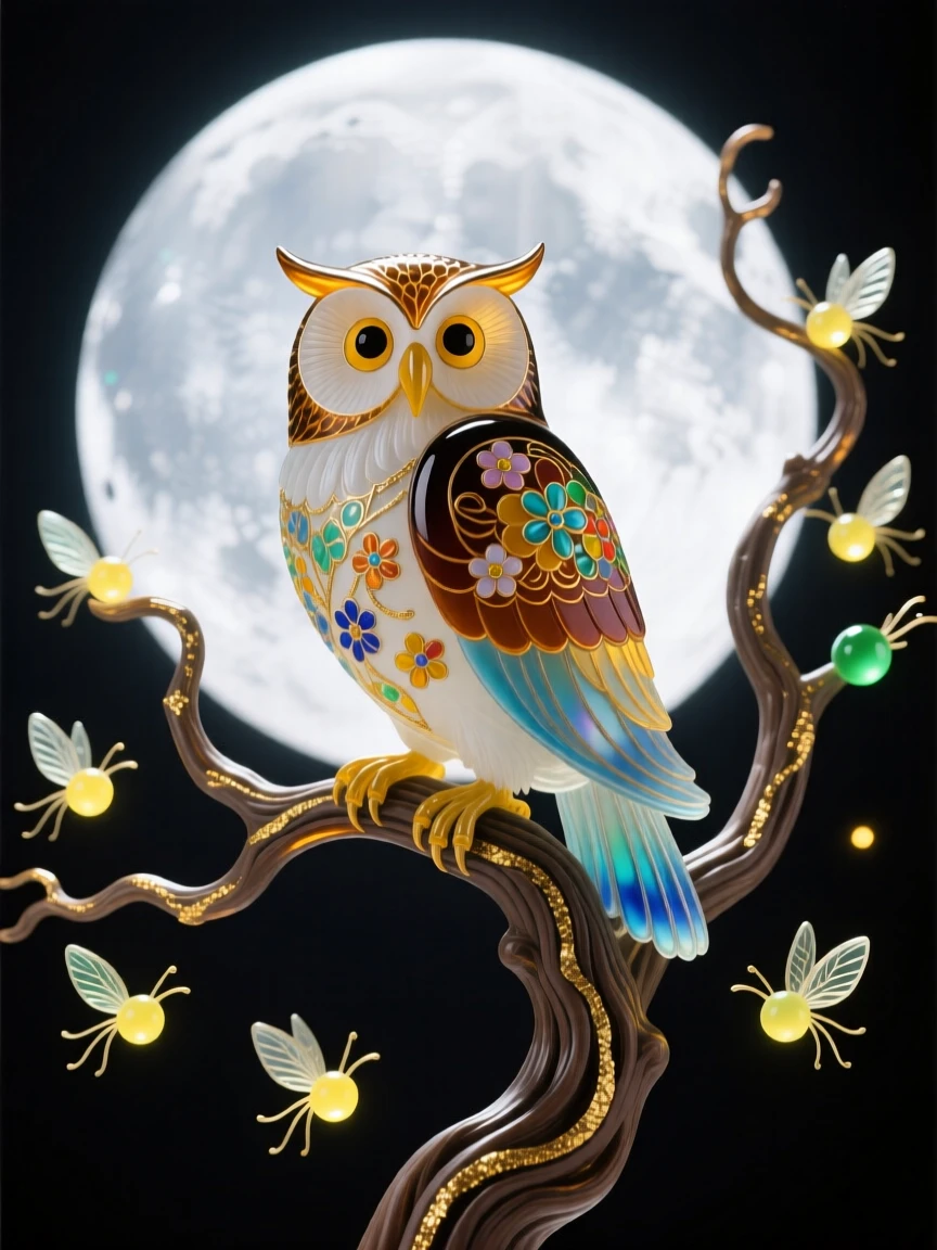 A wise old owl perched on a gnarled branch under a full moon, silent and watchful, a scatter of fireflies glowing around it.