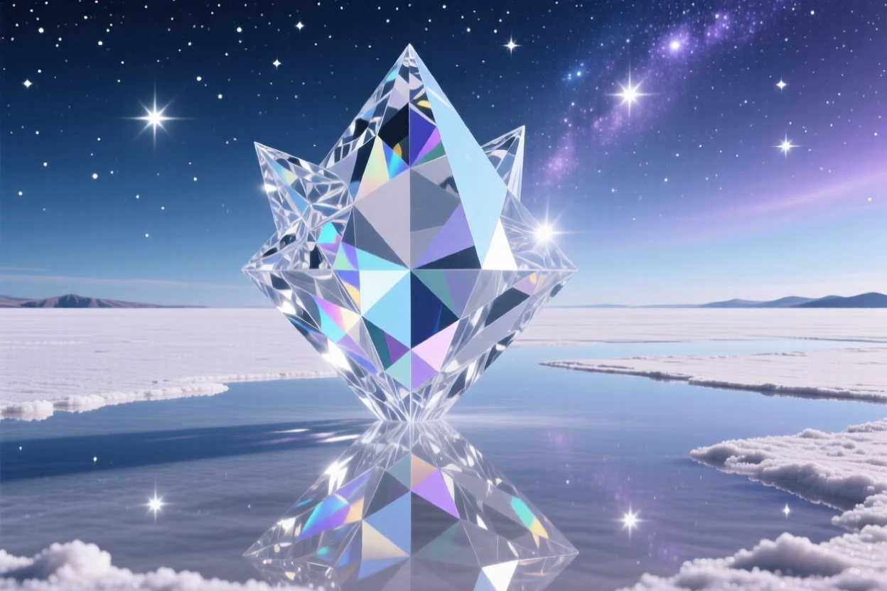 A star-filled night sky over a salt flat, perfect mirror reflection creating an illusion of floating in space.