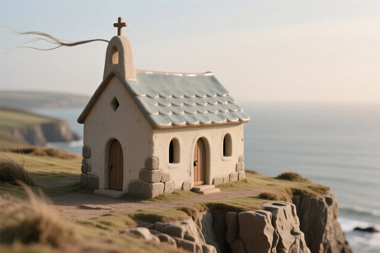 A windswept clifftop chapel rising quietly above a still landscape, its silhouette sharp against a colorful sky, radiating peaceful, storybook charm.