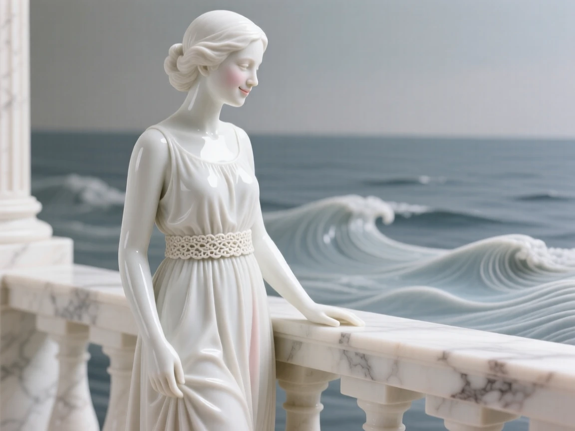 A young woman looking over her shoulder with a soft smile, wearing a simple linen dress with a woven belt, her posture calm and dignified, set against a marble balcony overlooking the sea.