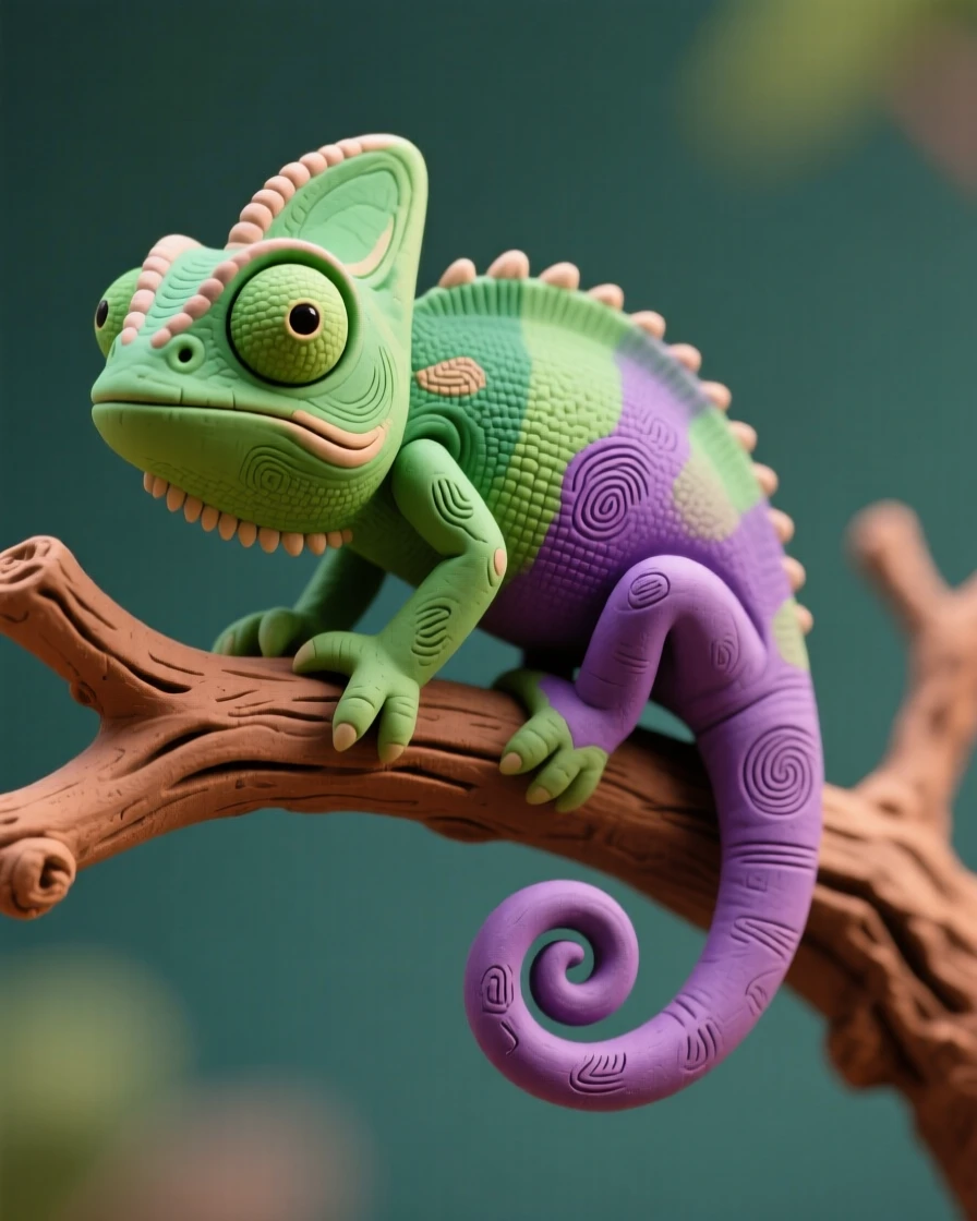 A chameleon perched on a branch, caught mid color-change from green to violet