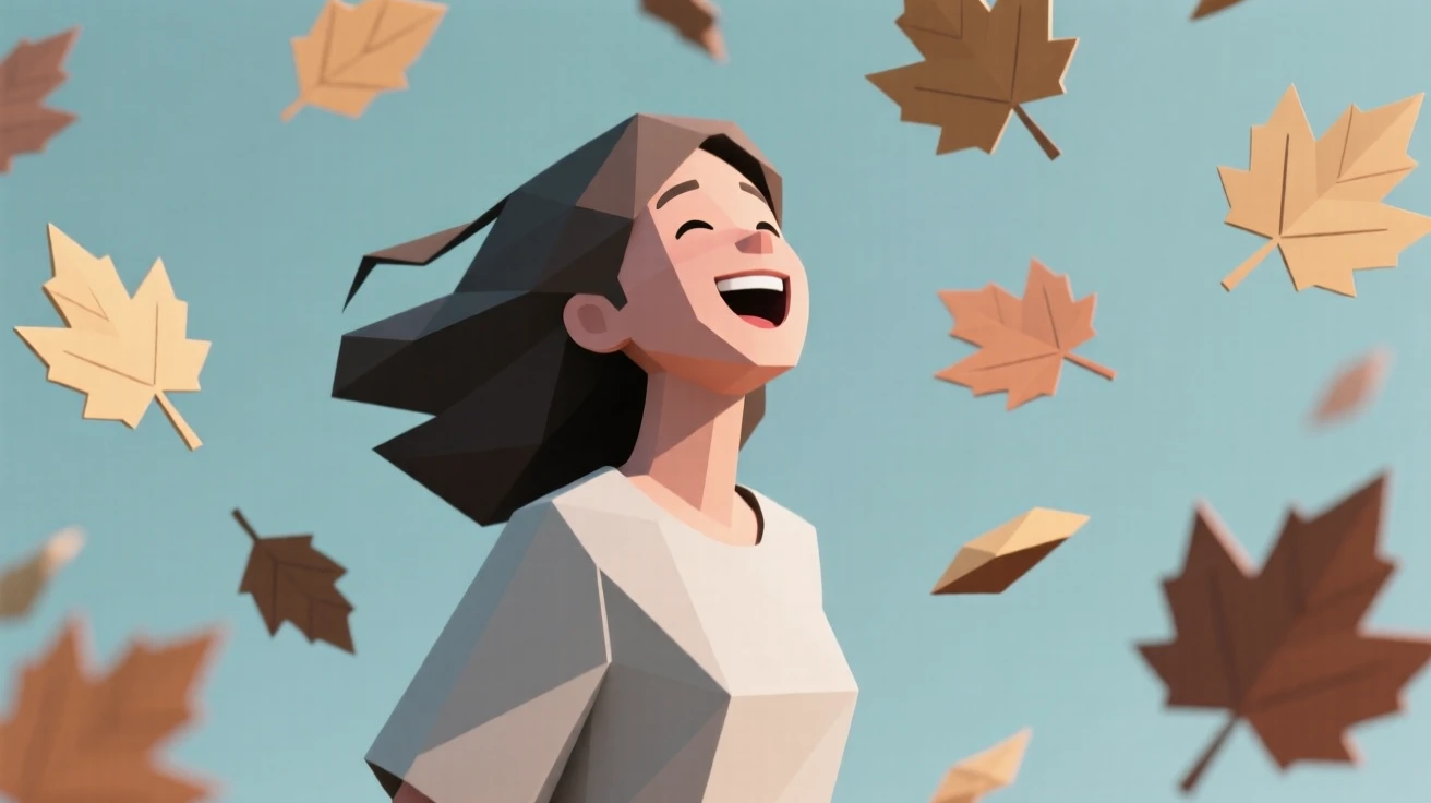 A young woman laughing joyfully in the wind, beneath falling autumn leaves. fine details in expression bring the moment to life. A wave of nostalgia fills the moment.
