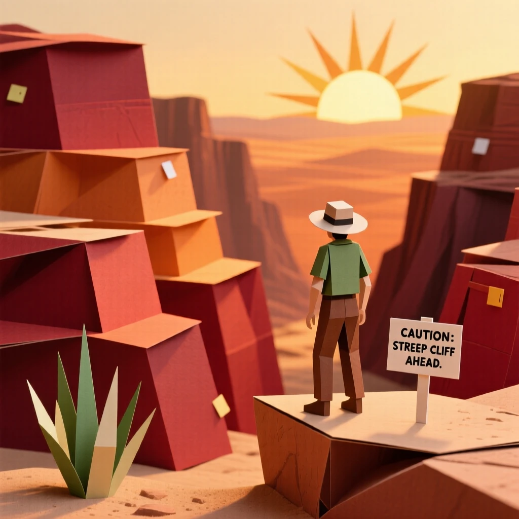 A desert canyon at golden hour, layered red and orange rock formations glowing under the setting sun, a lone hiker standing at the rim for scale, conveying vastness and quiet awe.
