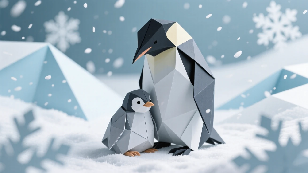 A penguin chick tucked between its parent's feet in a snowstorm, only its head visible, parent looking protectively downward.