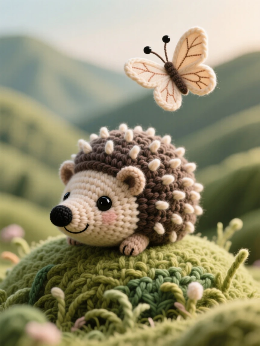 a tiny hedgehog, with soft rounded spines and a pointed snout, curling up nose-first into a tidy ball, set in a soft grassy hill overlooking a valley, with a single fluttering butterfly overhead, evoking a serene, storybook stillness.
