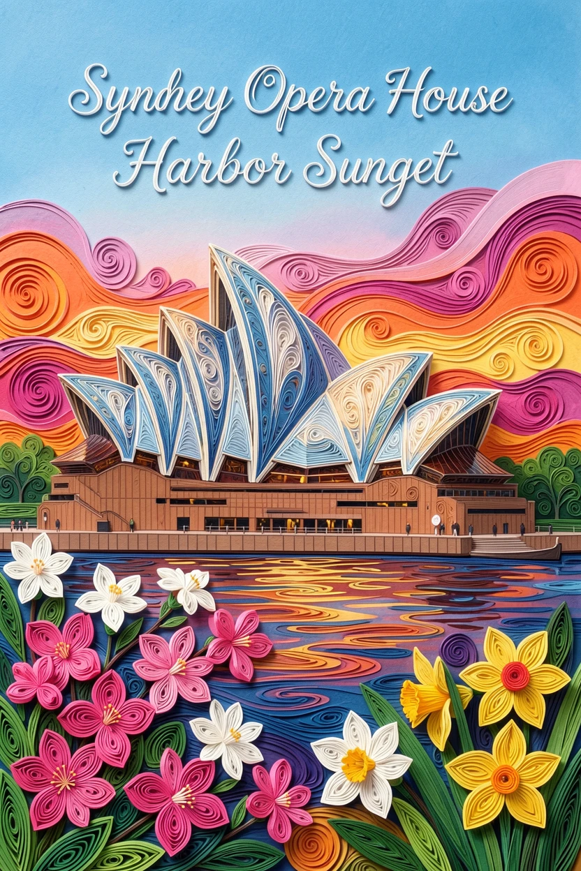 A breathtaking view of the Sydney Opera House against a vivid harbor sunset framed by blooming seasonal flowers in the foreground, in crisp, clear tones under a bright blue sky, composed with strong leading lines drawing the eye inward.
