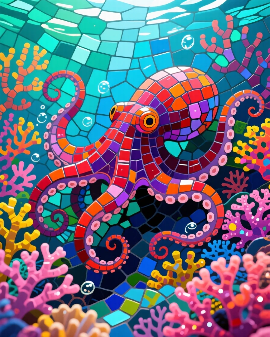 A dreamlike underwater view of a vibrant octopus camouflaged among colorful coral formations, glowing with soft blue-green light.